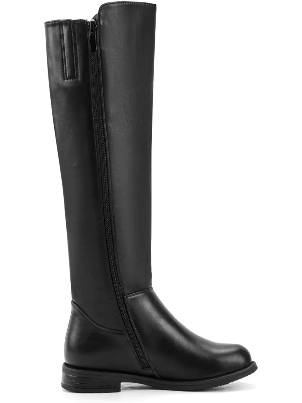 Women's Black pu Knee High Boots Flat Low Heel with Side Zipper